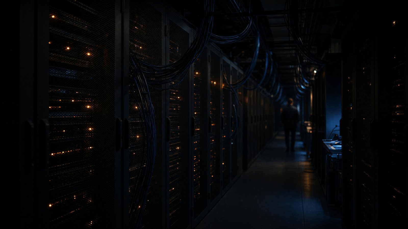 Dim server aisle lit by amber and blue lamps, with a distant blurred figure