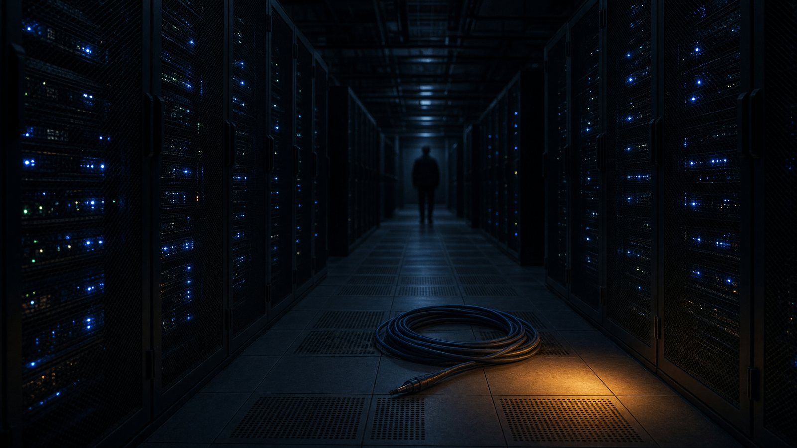 Unplugged fiber cable coiled on a data-center floor between dim server racks